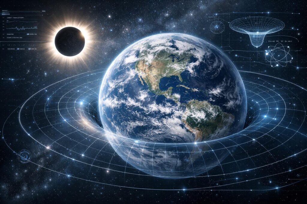 Ilustración de la Tierra con su campo gravitacional durante un eclipse solar en agosto de 2026.